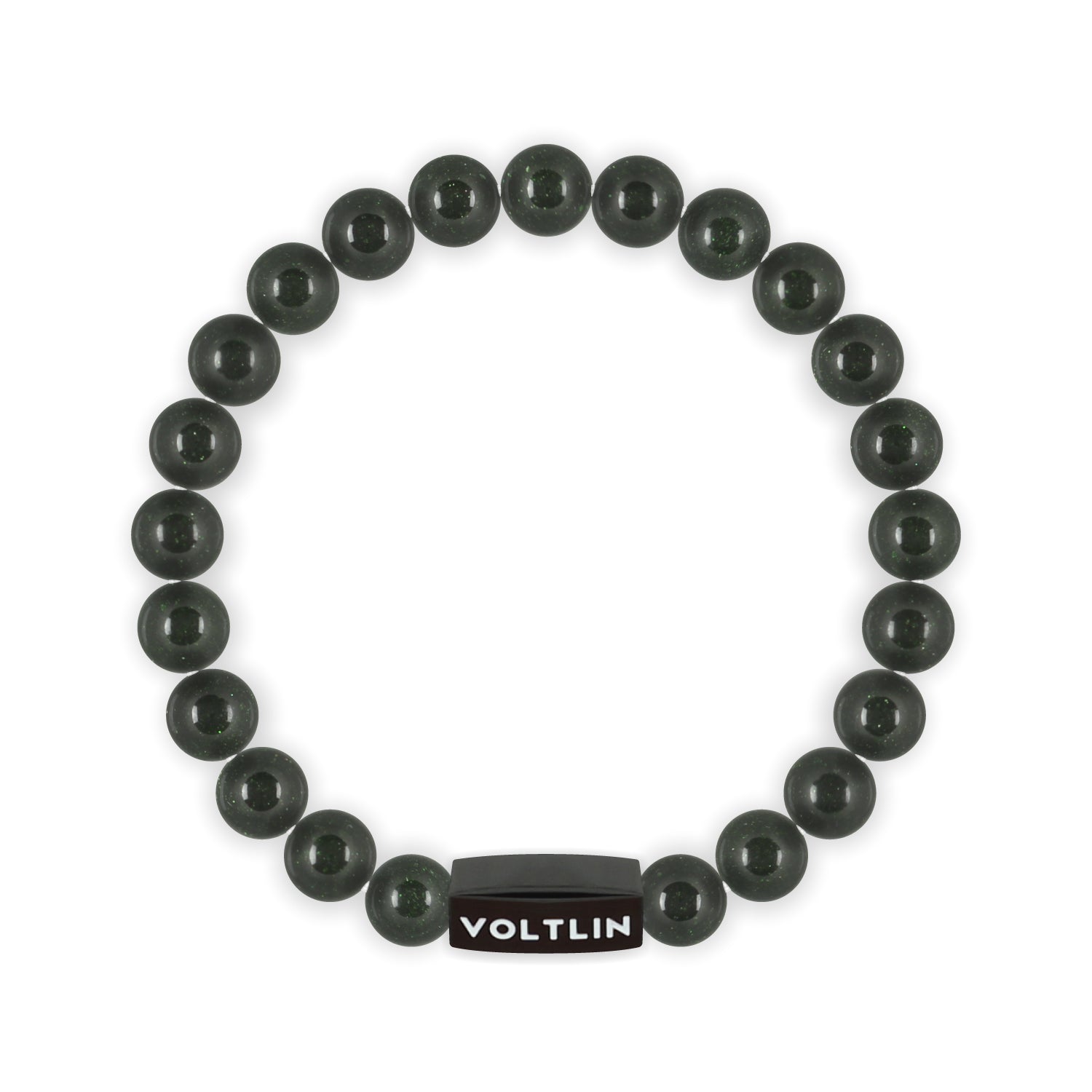 Top view of an 8mm Green Goldstone crystal beaded stretch bracelet with black stainless steel logo bead made by Voltlin