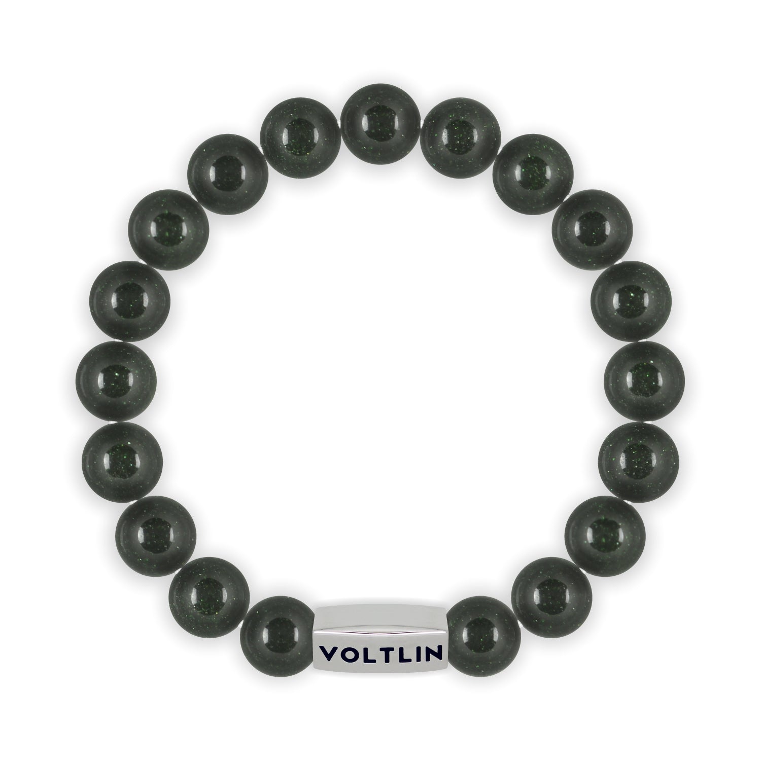 Top view of a 10mm Green Goldstone beaded stretch bracelet with silver stainless steel logo bead made by Voltlin