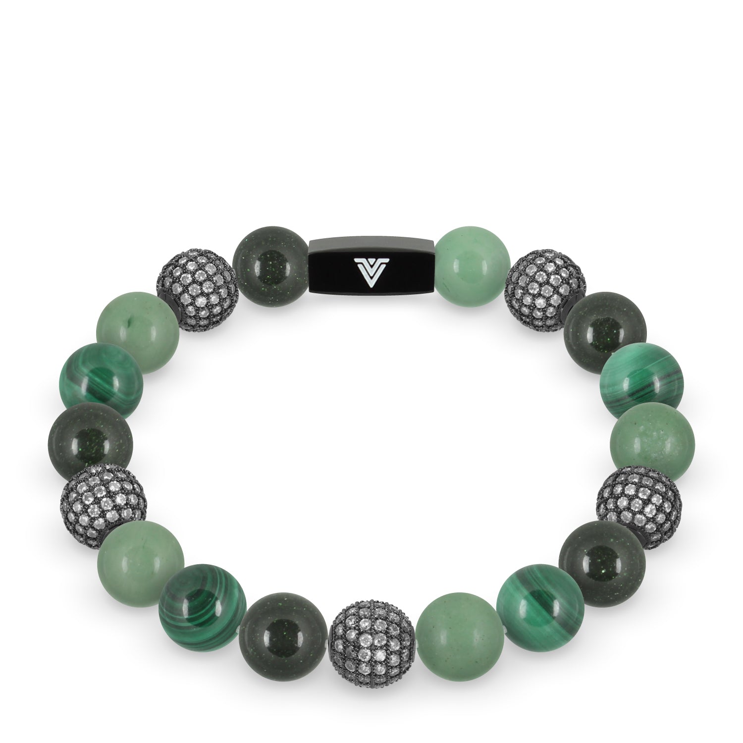 Front view of a 10 mm Green Sirius beaded stretch bracelet featuring Green Goldstone, Steel Pave, Green Aventurine, & Malachite crystal and black stainless steel logo bead made by Voltlin