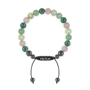 Top view of an 8mm Heart Chakra crystal beaded shamballa bracelet with black stainless steel logo bead made by Voltlin