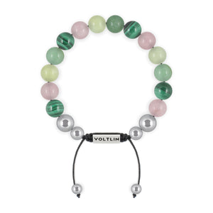 Top view of a 10mm Heart Chakra beaded shamballa bracelet featuring Malachite, Rose Quartz, Jade, & Green Aventurine crystal and silver stainless steel logo bead made by Voltlin