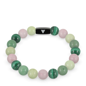 Front view of a 10mm Heart Chakra crystal beaded stretch bracelet with black stainless steel logo bead made by Voltlin