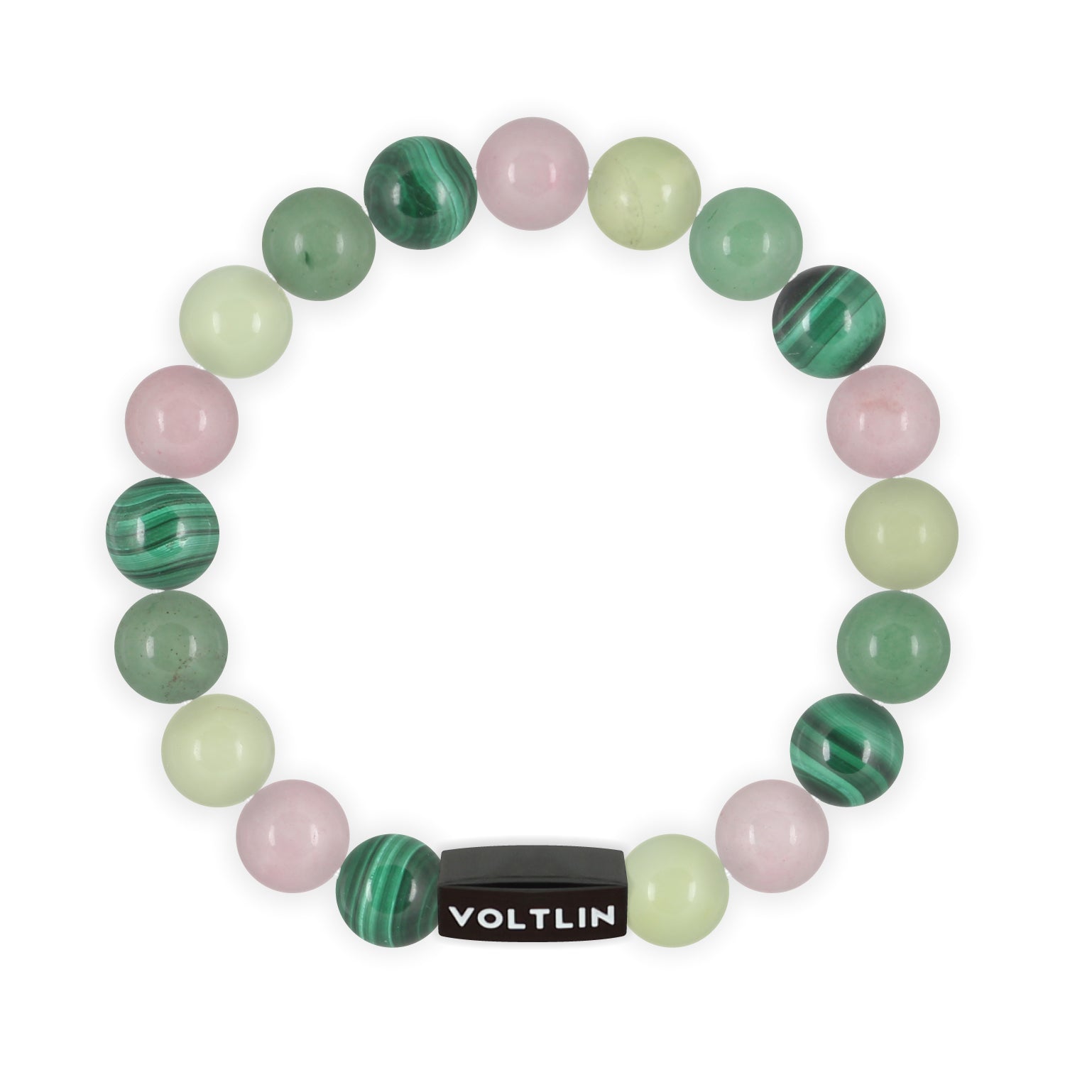 Top view of a 10mm Heart Chakra crystal beaded stretch bracelet with black stainless steel logo bead made by Voltlin