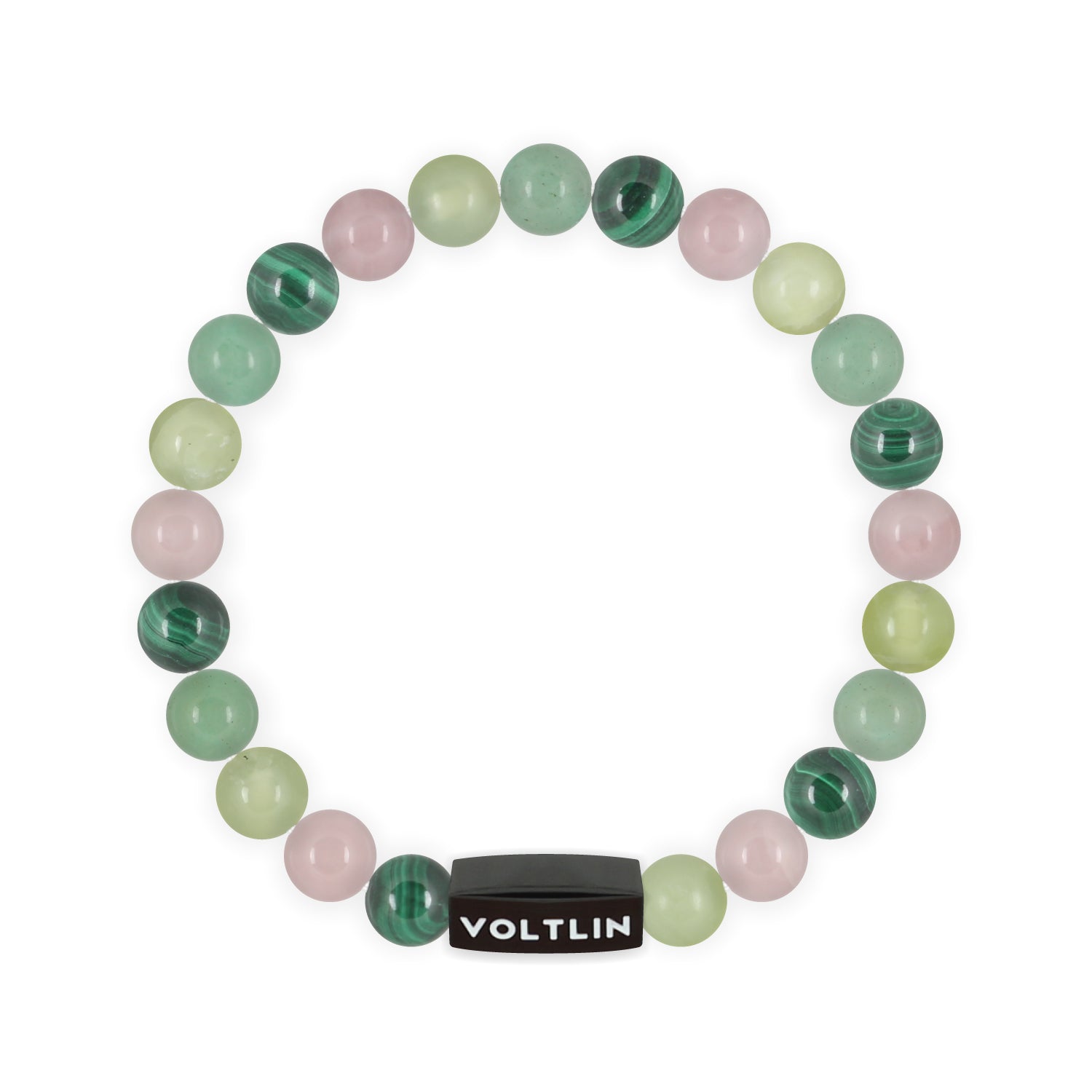 Top view of an 8mm Heart Chakra crystal beaded stretch bracelet with black stainless steel logo bead made by Voltlin