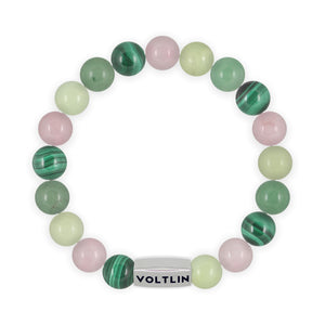 Top view of a 10mm Heart Chakra beaded stretch bracelet featuring Malachite, Rose Quartz, Jade, & Green Aventurine crystal and silver stainless steel logo bead made by Voltlin