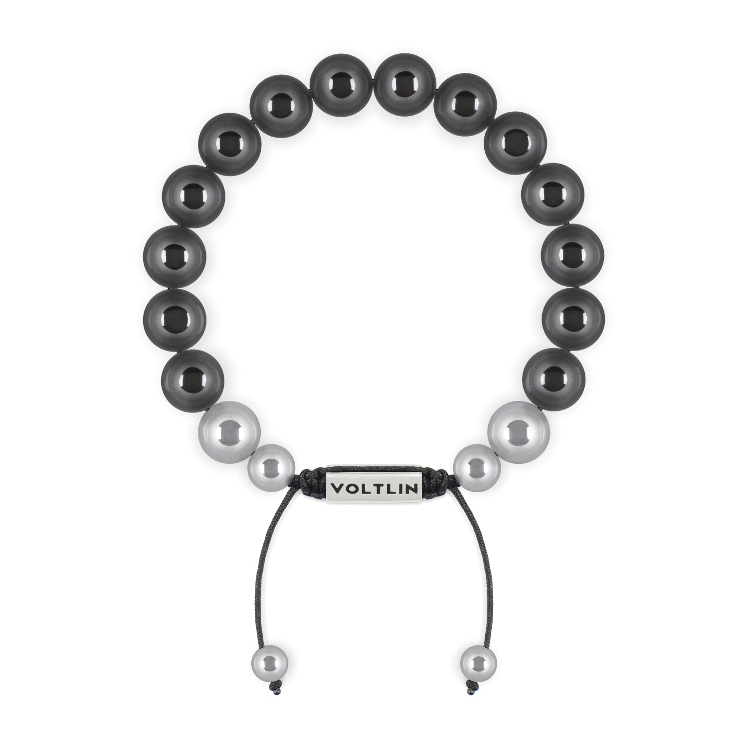 Top view of a 10mm Hematite beaded shamballa bracelet with silver stainless steel logo bead made by Voltlin