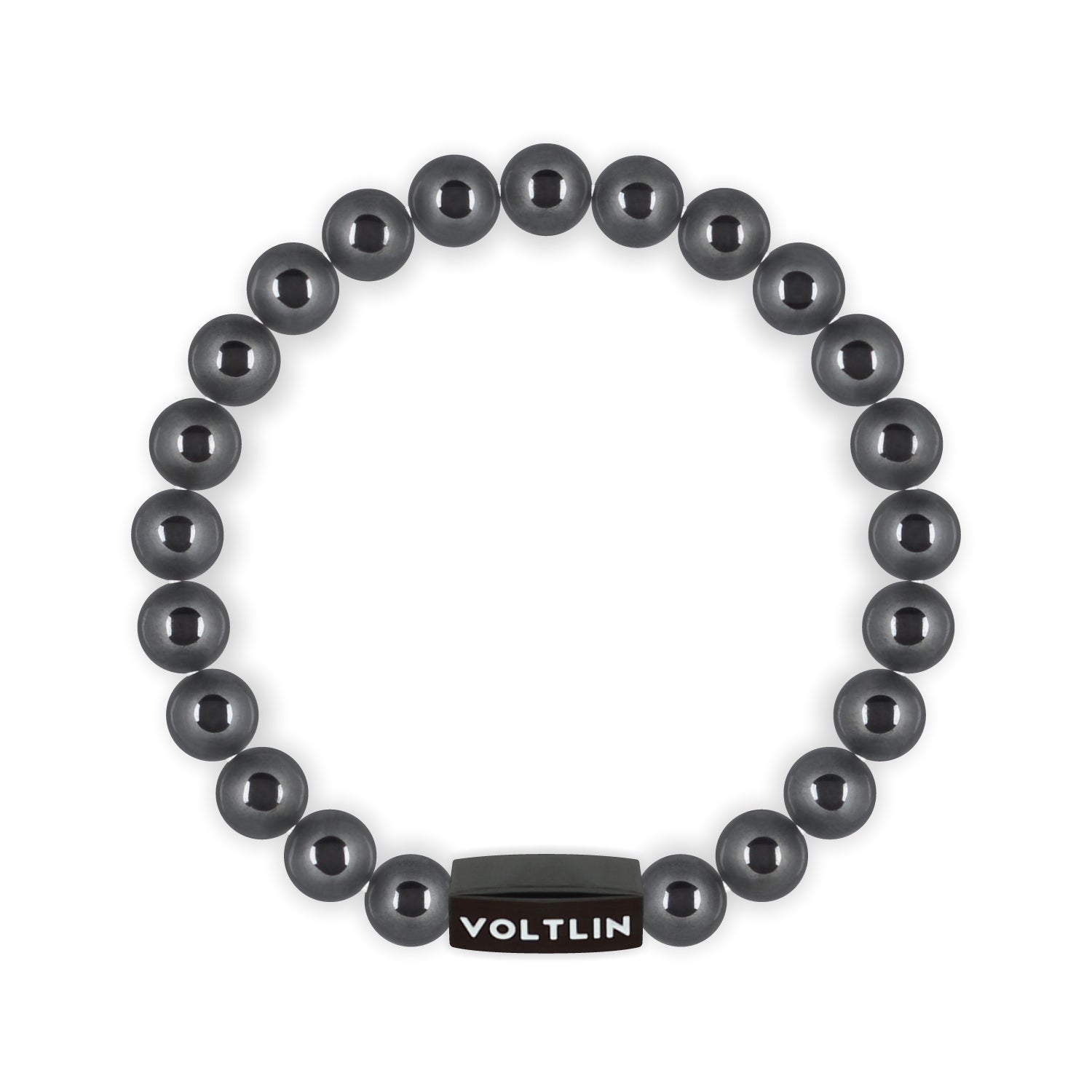 Top view of an 8mm Hematite crystal beaded stretch bracelet with black stainless steel logo bead made by Voltlin