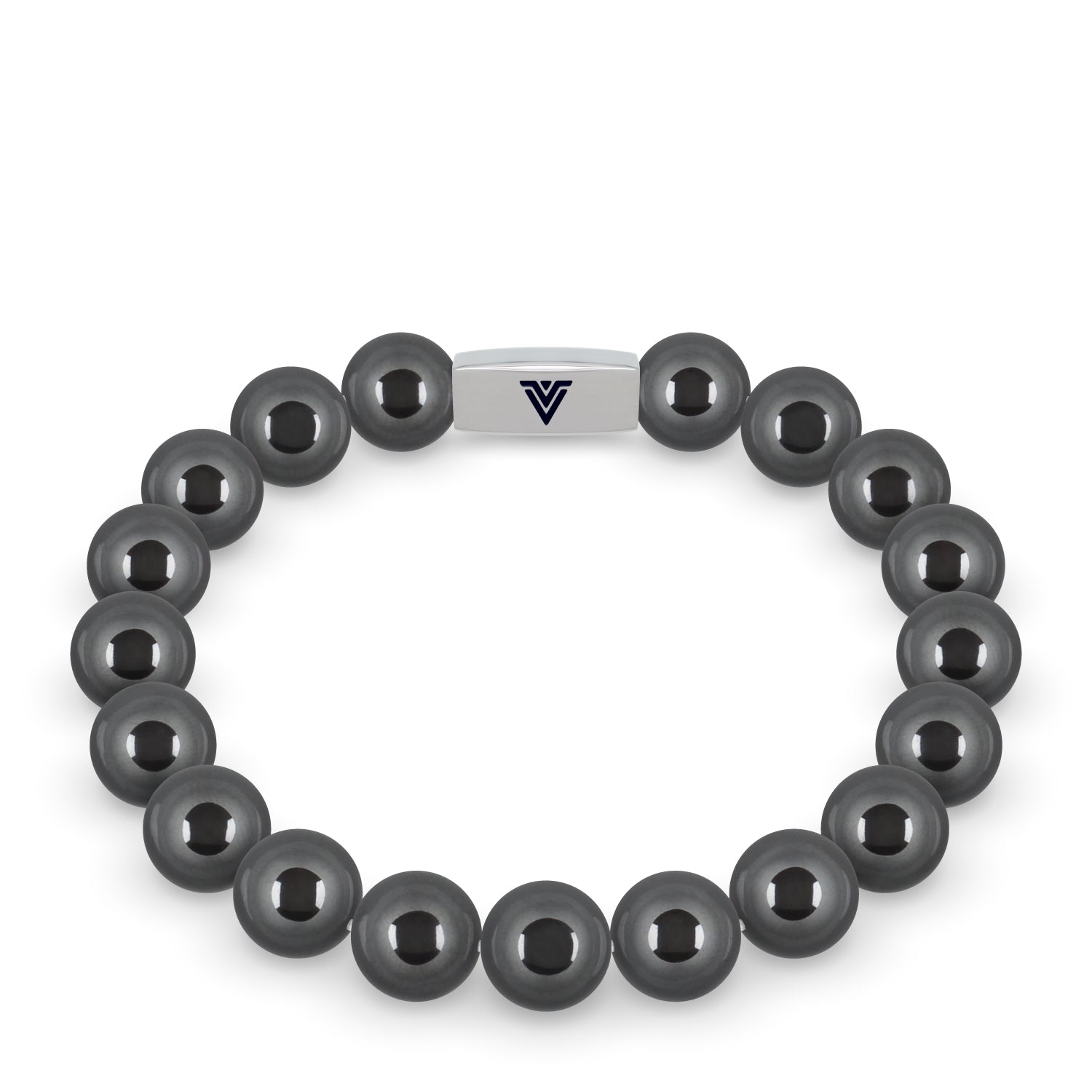 Front view of a 10mm Hematite beaded stretch bracelet with silver stainless steel logo bead made by Voltlin