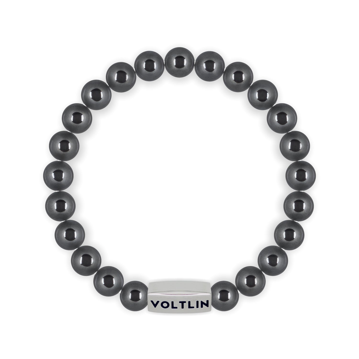 Top view of an 8mm Hematite beaded stretch bracelet with silver stainless steel logo bead made by Voltlin