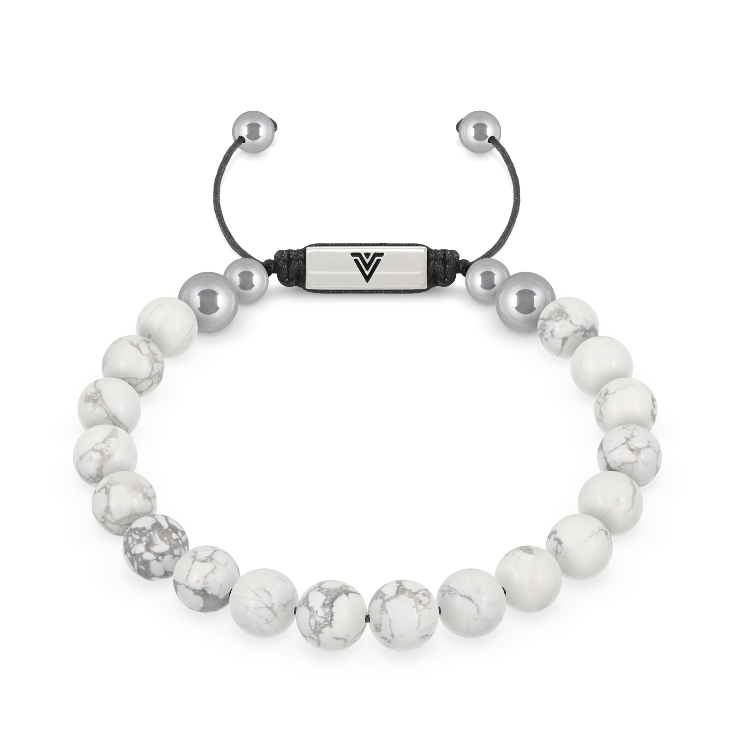 Front view of an 8mm Howlite beaded shamballa bracelet with silver stainless steel logo bead made by Voltlin