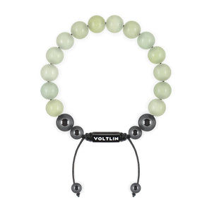 Top view of a 10mm Jade crystal beaded shamballa bracelet with black stainless steel logo bead made by Voltlin