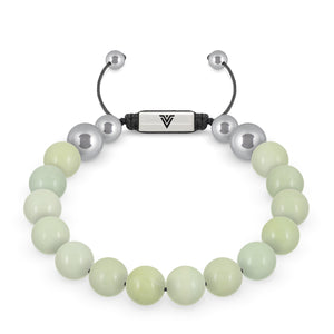 Front view of a 10mm Jade beaded shamballa bracelet with silver stainless steel logo bead made by Voltlin