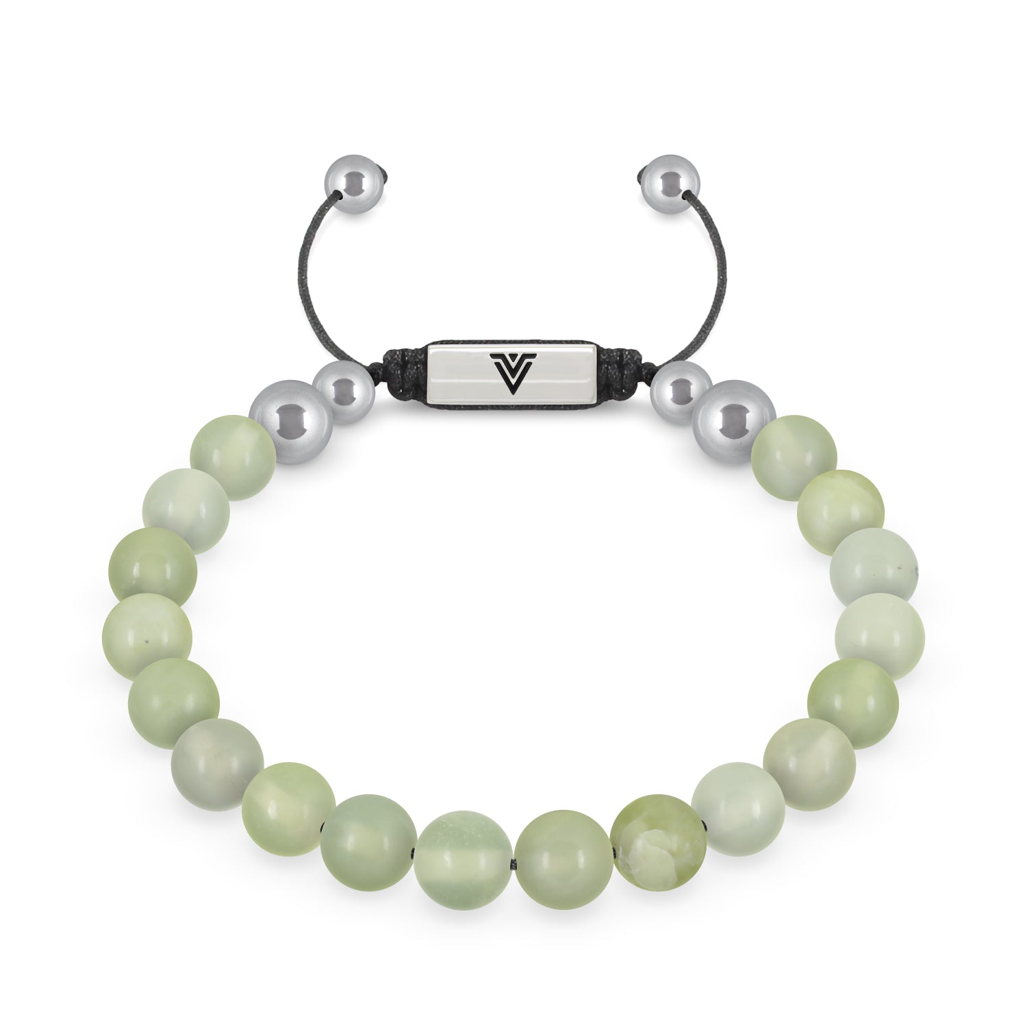 Front view of an 8mm Jade beaded shamballa bracelet with silver stainless steel logo bead made by Voltlin