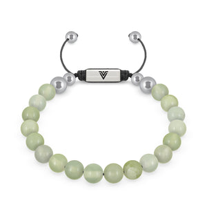 Front view of an 8mm Jade beaded shamballa bracelet with silver stainless steel logo bead made by Voltlin