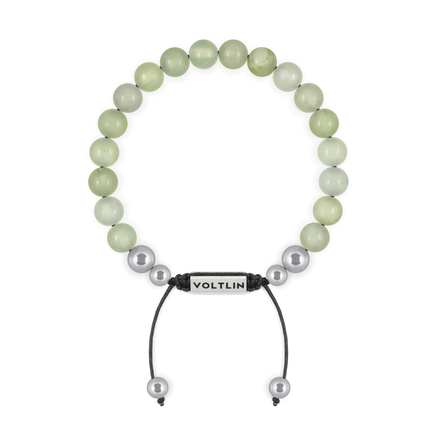 Front view of an 8mm Jade beaded shamballa bracelet with silver stainless steel logo bead made by Voltlin