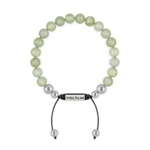 Top view of an 8mm Jade beaded shamballa bracelet with silver stainless steel logo bead made by Voltlin
