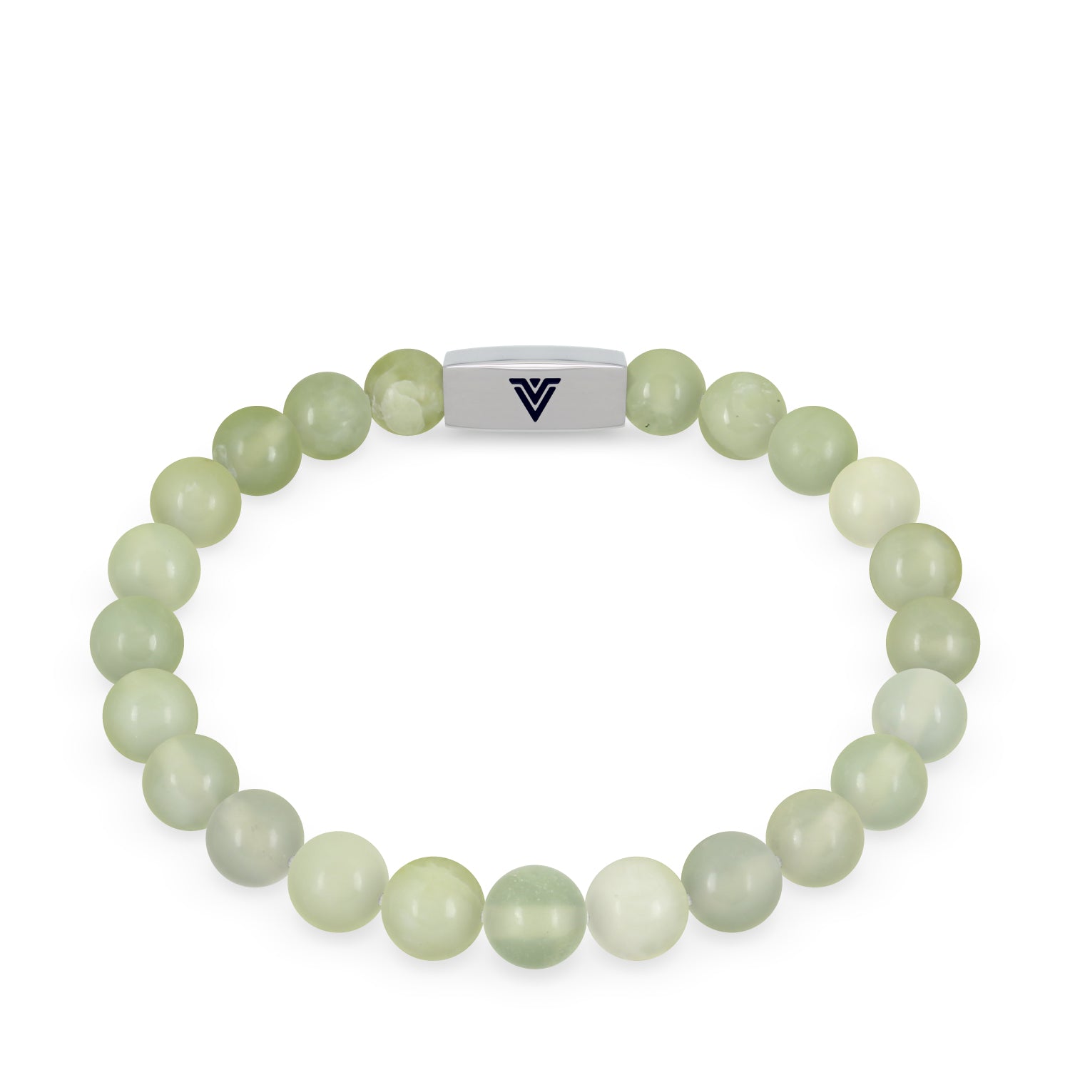 Front view of an 8mm Jade beaded stretch bracelet with silver stainless steel logo bead made by Voltlin