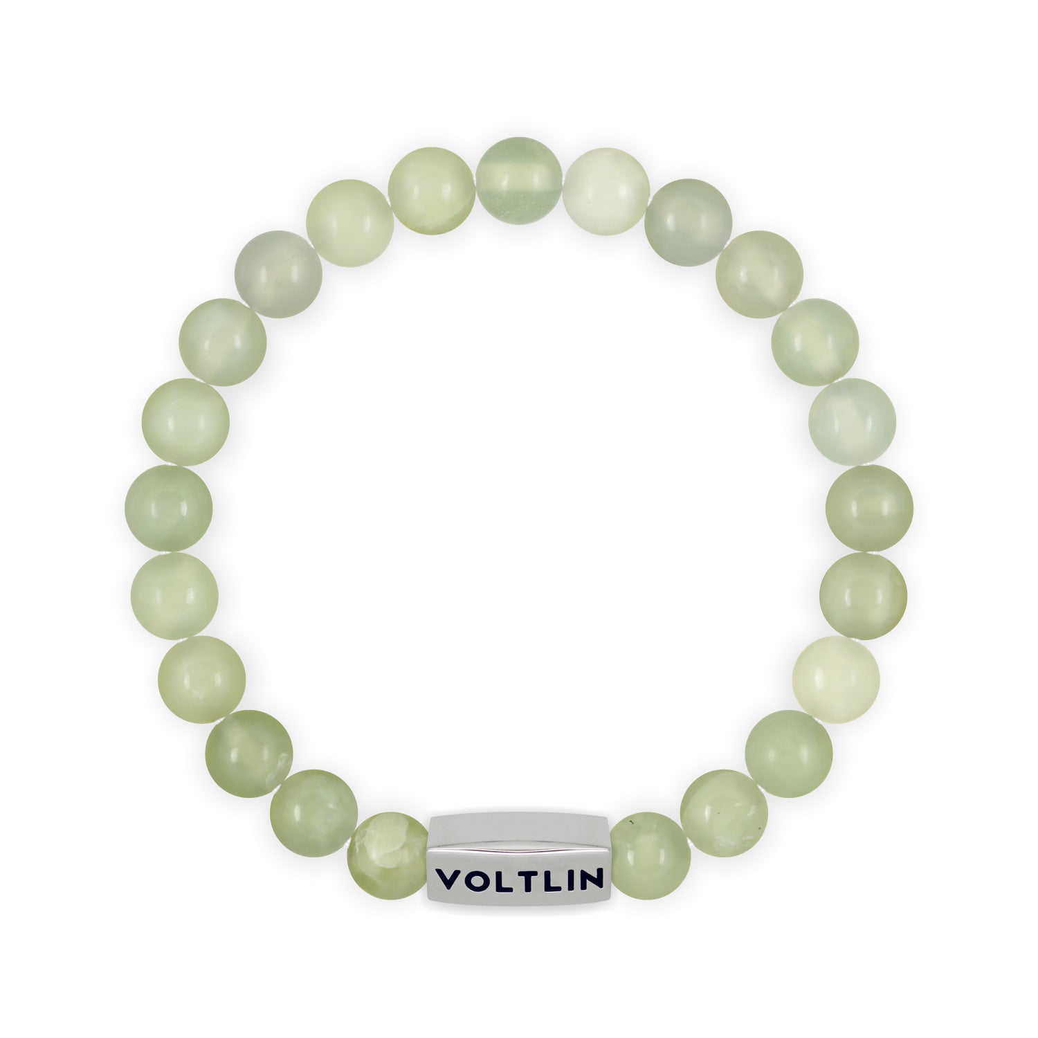 Top view of an 8mm Jade beaded stretch bracelet with silver stainless steel logo bead made by Voltlin