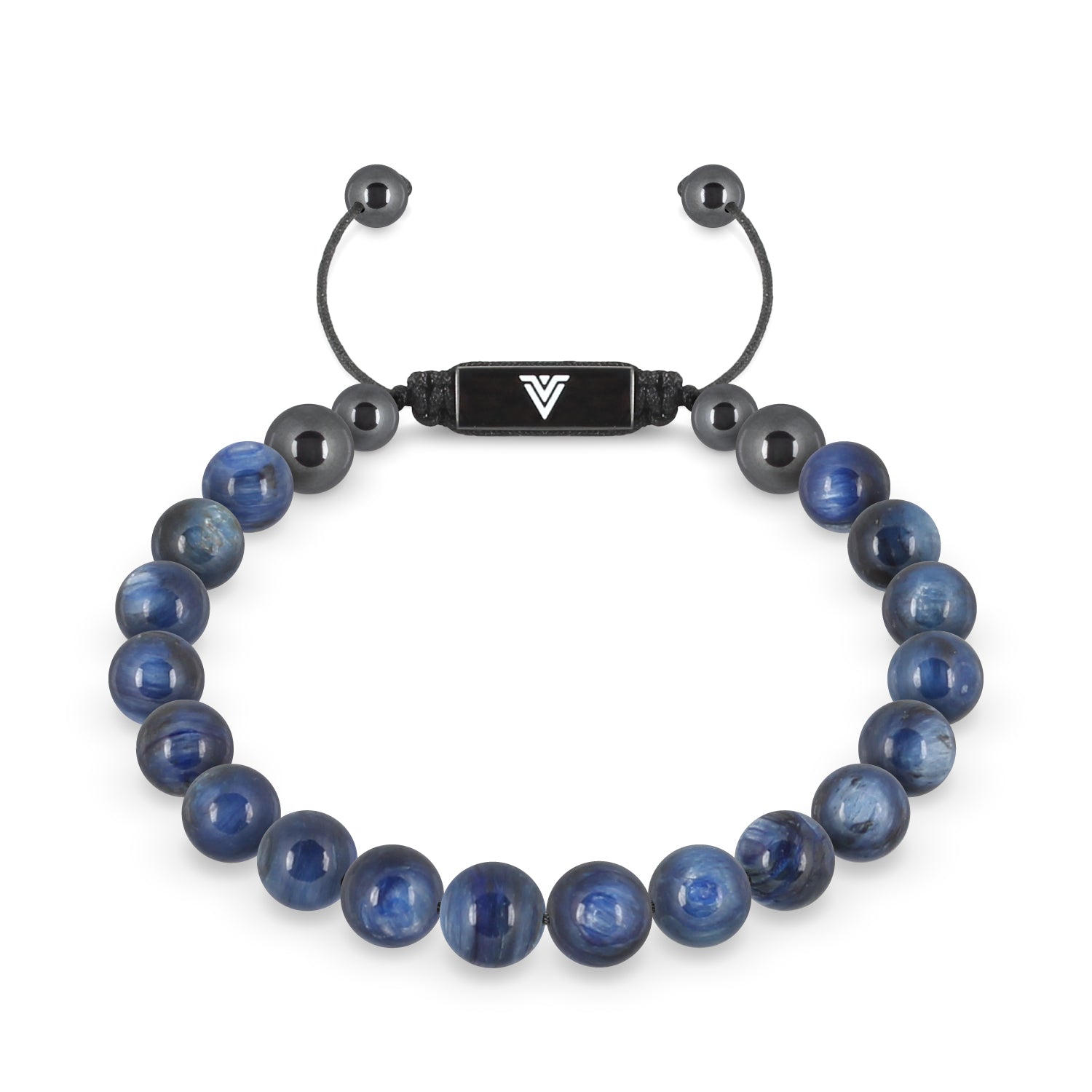 Front view of an 8mm Kyanite crystal beaded shamballa bracelet with black stainless steel logo bead made by Voltlin