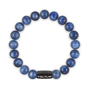 Top view of a 10mm Kyanite crystal beaded stretch bracelet with black stainless steel logo bead made by Voltlin