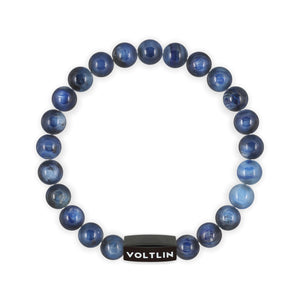 Top view of an 8mm Kyanite crystal beaded stretch bracelet with black stainless steel logo bead made by Voltlin