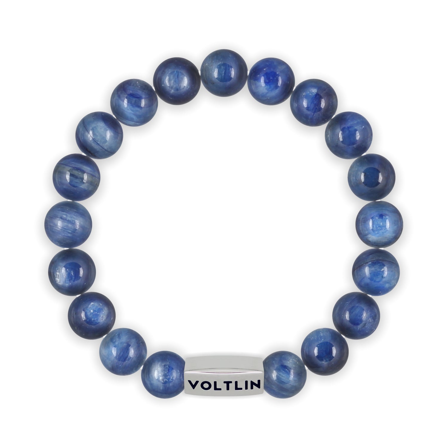 Top view of a 10mm Kyanite beaded stretch bracelet with silver stainless steel logo bead made by Voltlin