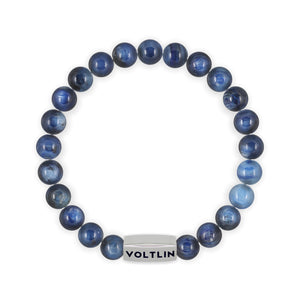 Top view of an 8mm Kyanite beaded stretch bracelet with silver stainless steel logo bead made by Voltlin