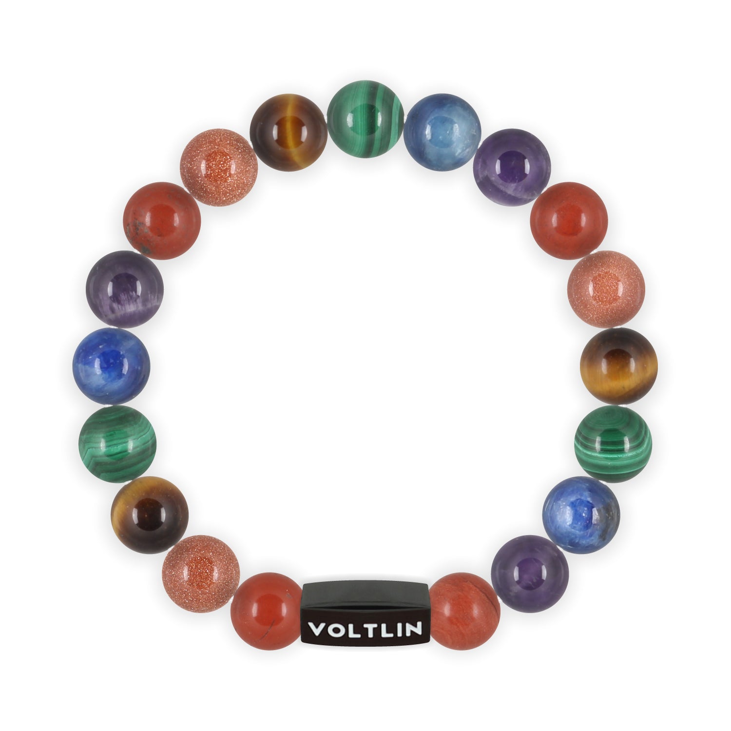 Top view of a 10mm LGBTQ Pride crystal beaded stretch bracelet with black stainless steel logo bead made by Voltlin