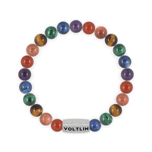 Top view of an 8mm LGBTQ Pride beaded stretch bracelet with silver stainless steel logo bead made by Voltlin