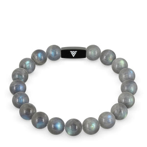 Front view of a 10mm Labradorite crystal beaded stretch bracelet with black stainless steel logo bead made by Voltlin