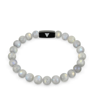 Front view of an 8mm Labradorite crystal beaded stretch bracelet with black stainless steel logo bead made by Voltlin