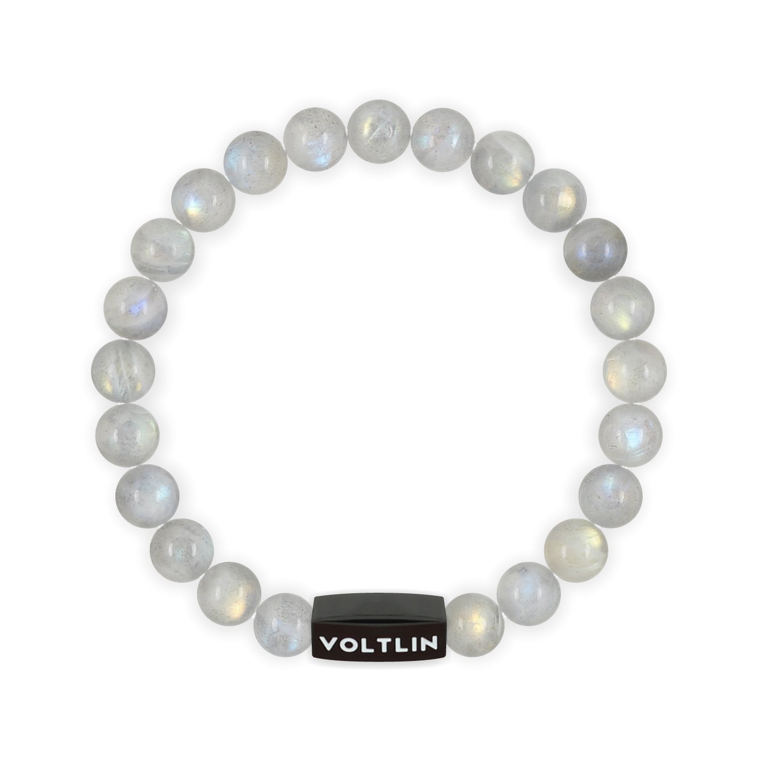 Top view of an 8mm Labradorite crystal beaded stretch bracelet with black stainless steel logo bead made by Voltlin
