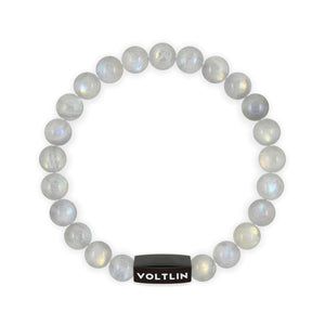 Top view of an 8mm Labradorite crystal beaded stretch bracelet with black stainless steel logo bead made by Voltlin