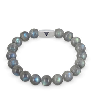 Front view of a 10mm Labradorite beaded stretch bracelet with silver stainless steel logo bead made by Voltlin