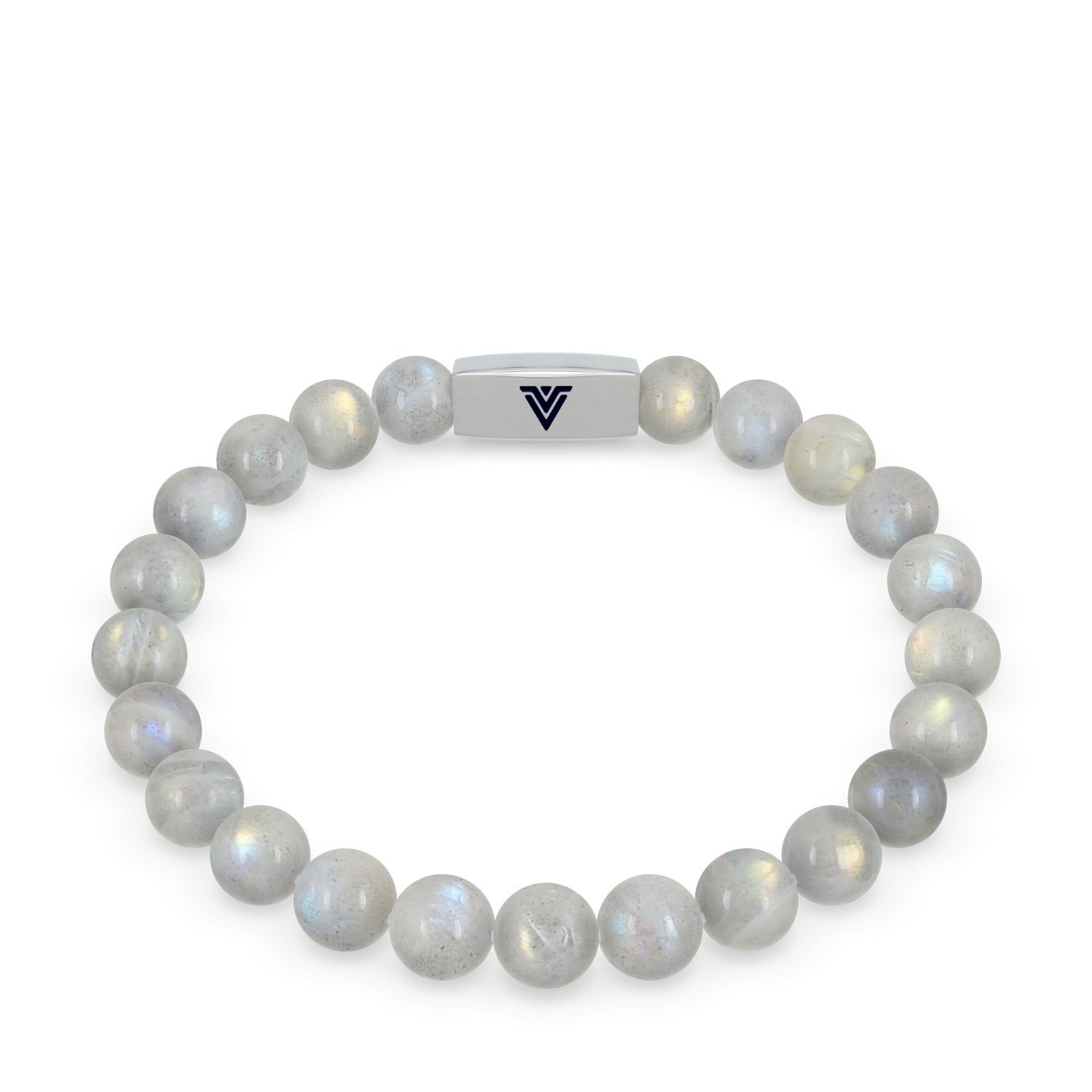Front view of an 8mm Labradorite beaded stretch bracelet with silver stainless steel logo bead made by Voltlin