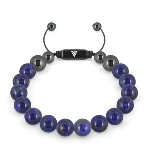 Front view of a 10mm Lapis Lazuli crystal beaded shamballa bracelet with black stainless steel logo bead made by Voltlin