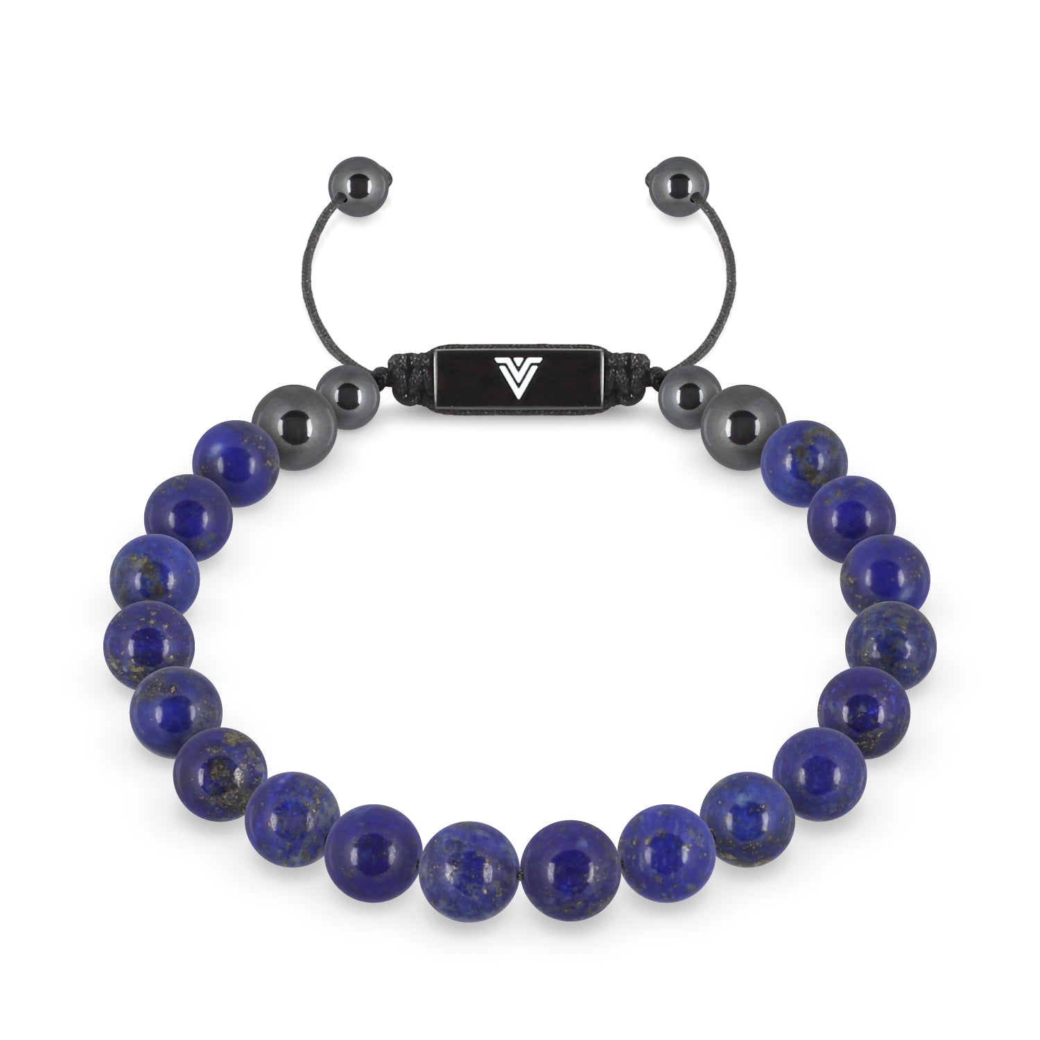 Front view of an 8mm Lapis Lazuli crystal beaded shamballa bracelet with black stainless steel logo bead made by Voltlin