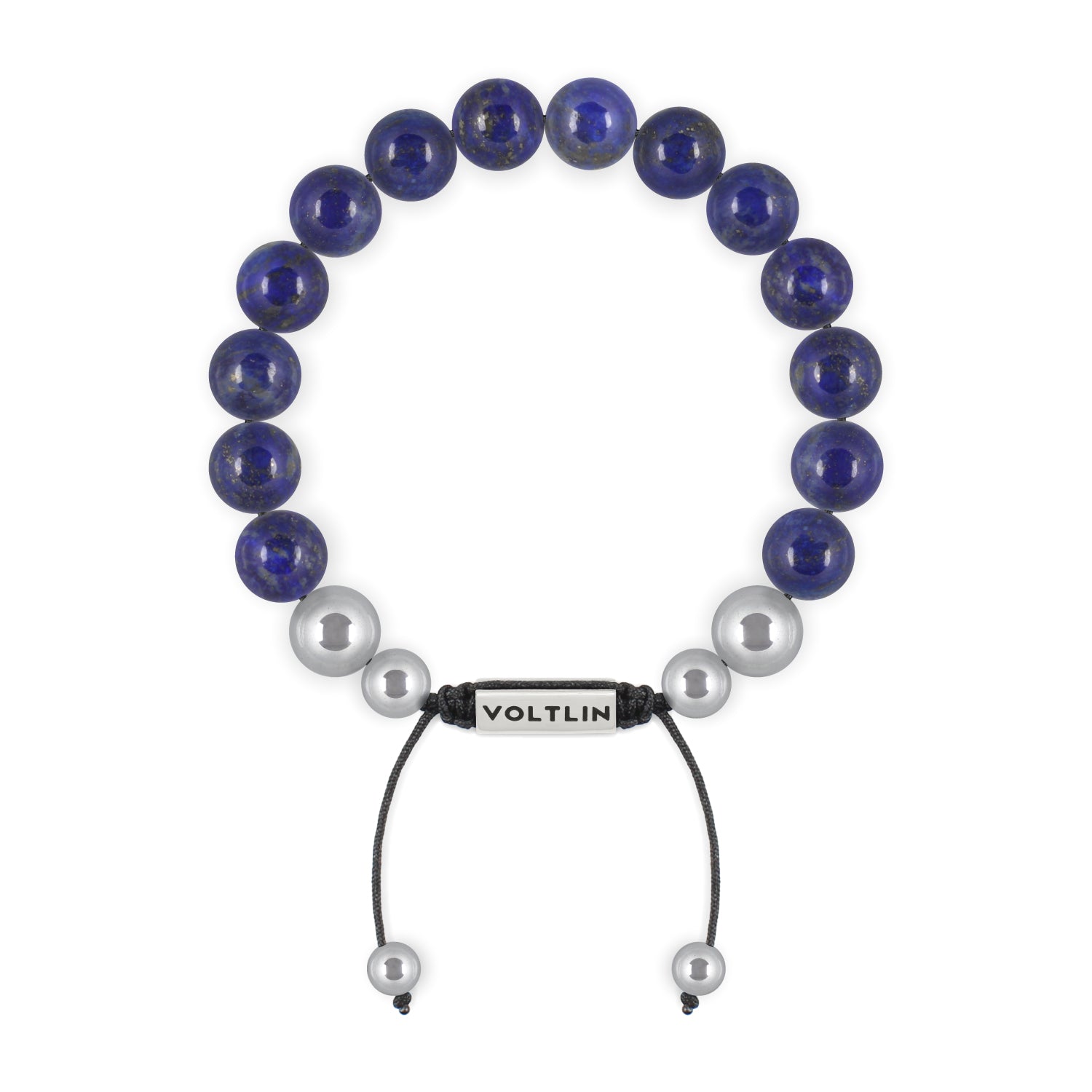 Top view of a 10mm Lapis Lazuli beaded shamballa bracelet with silver stainless steel logo bead made by Voltlin