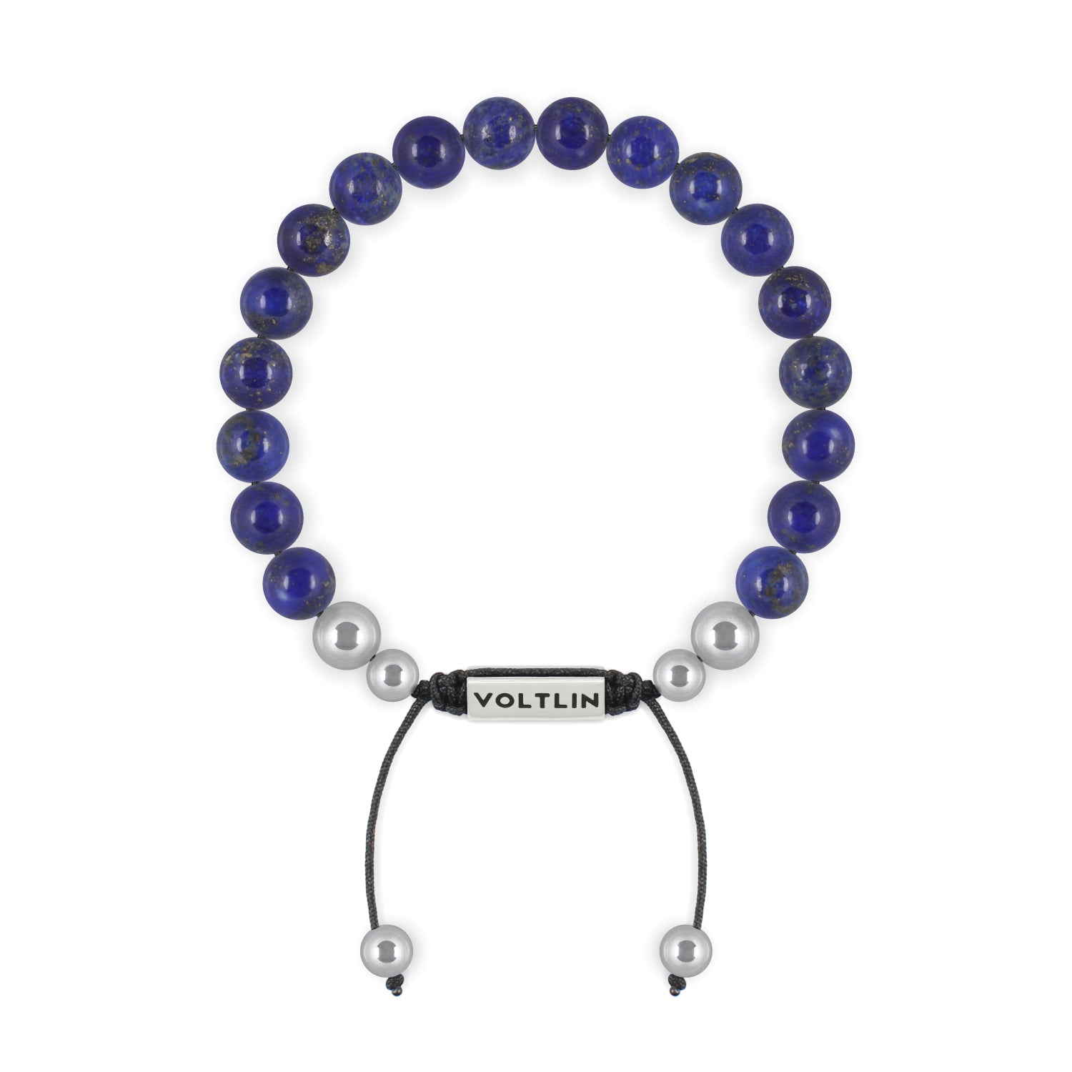 Top view of an 8mm Lapis Lazuli beaded shamballa bracelet with silver stainless steel logo bead made by Voltlin