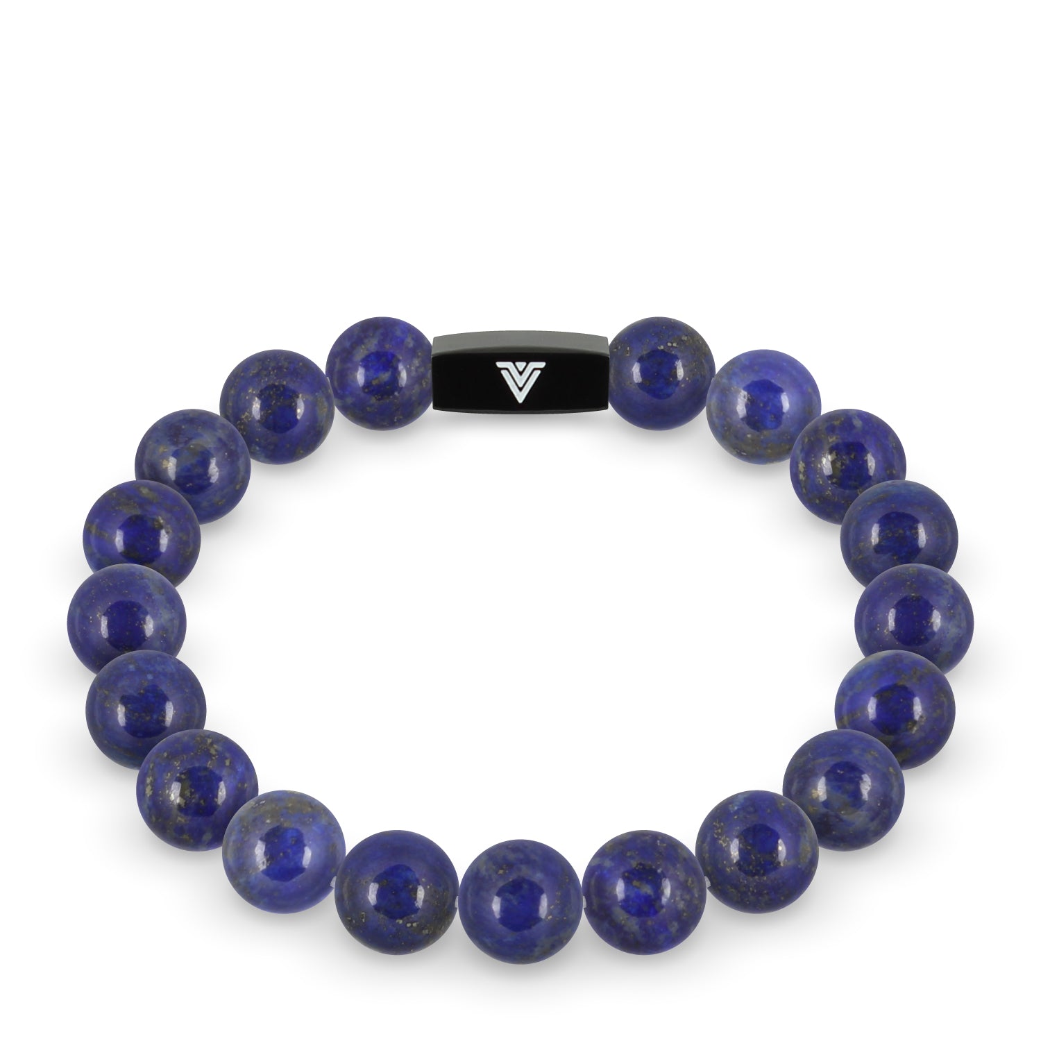 Front view of a 10mm Lapis Lazuli crystal beaded stretch bracelet with black stainless steel logo bead made by Voltlin