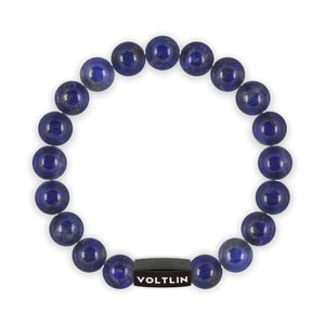 Top view of a 10mm Lapis Lazuli crystal beaded stretch bracelet with black stainless steel logo bead made by Voltlin