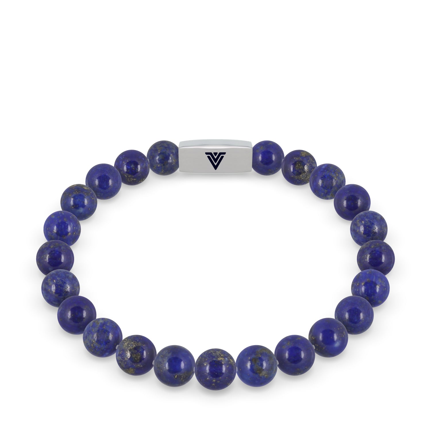 Front view of an 8mm Lapis Lazuli beaded stretch bracelet with silver stainless steel logo bead made by Voltlin