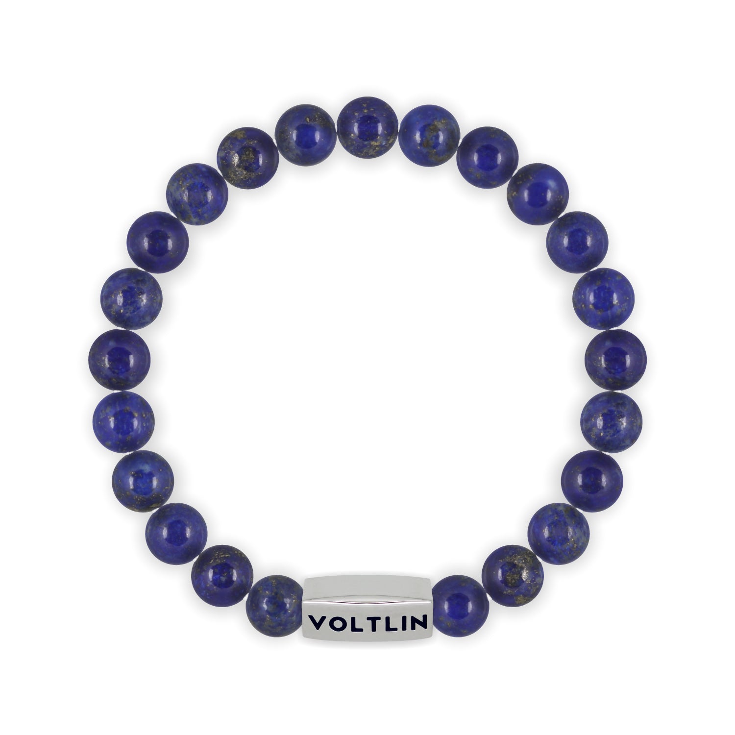 Top view of an 8mm Lapis Lazuli beaded stretch bracelet with silver stainless steel logo bead made by Voltlin