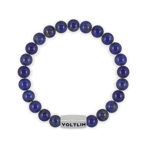 Top view of an 8mm Lapis Lazuli beaded stretch bracelet with silver stainless steel logo bead made by Voltlin