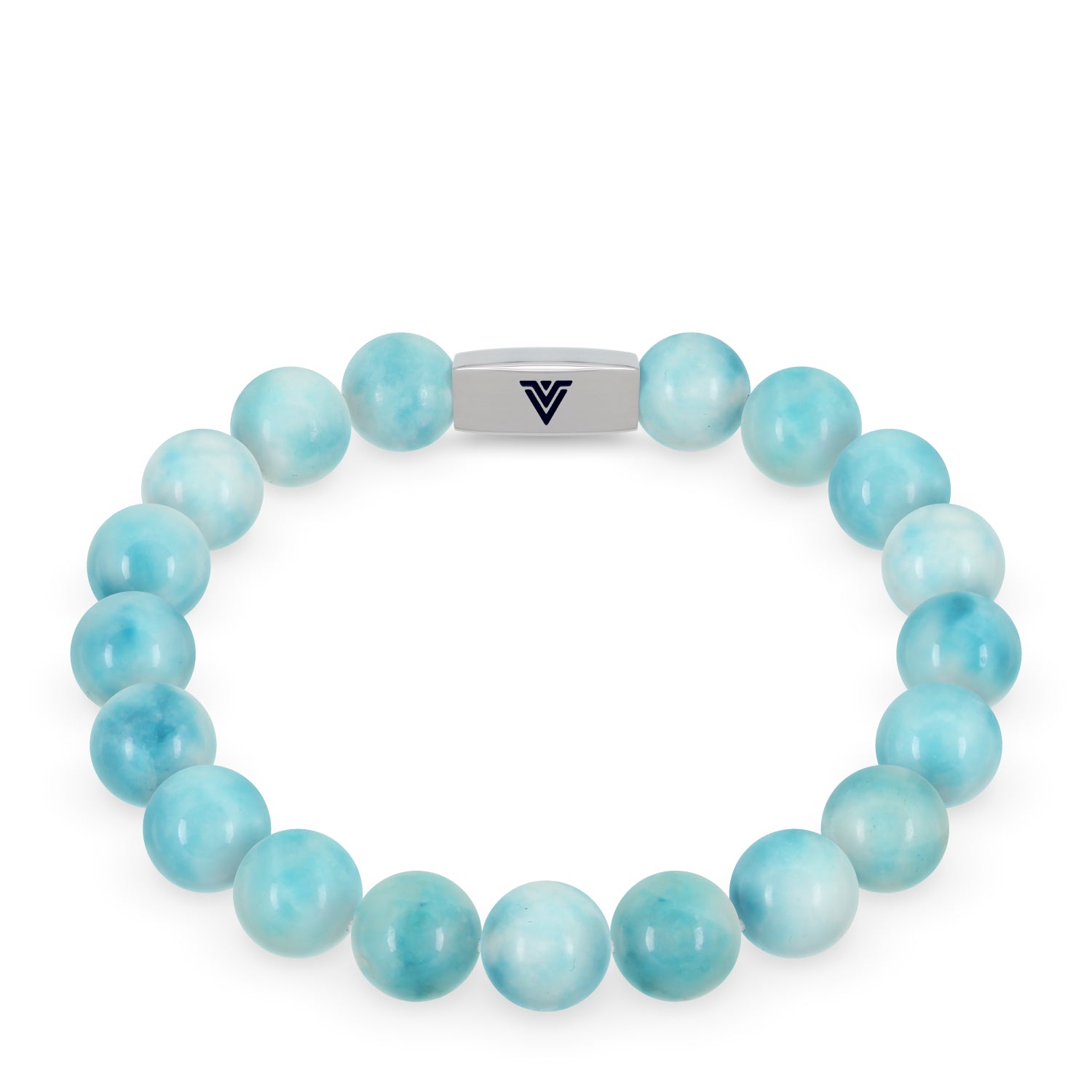 Front view of a 10mm Larimar beaded stretch bracelet with silver stainless steel logo bead made by Voltlin
