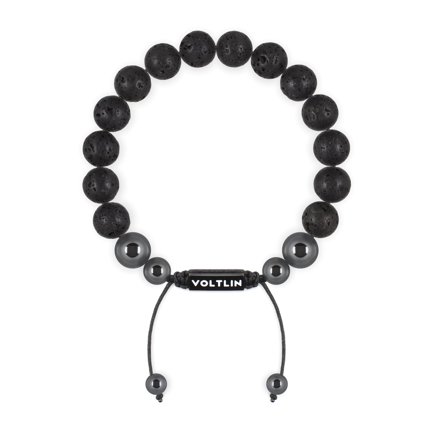 Top view of a 10mm Lava Stone crystal beaded shamballa bracelet with black stainless steel logo bead made by Voltlin