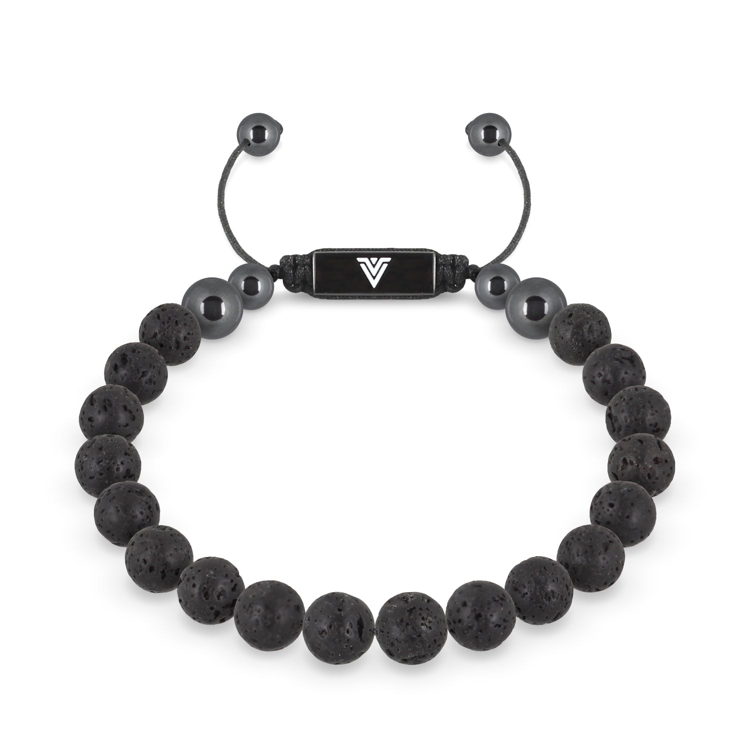 Front view of an 8mm Lava Stone crystal beaded shamballa bracelet with black stainless steel logo bead made by Voltlin
