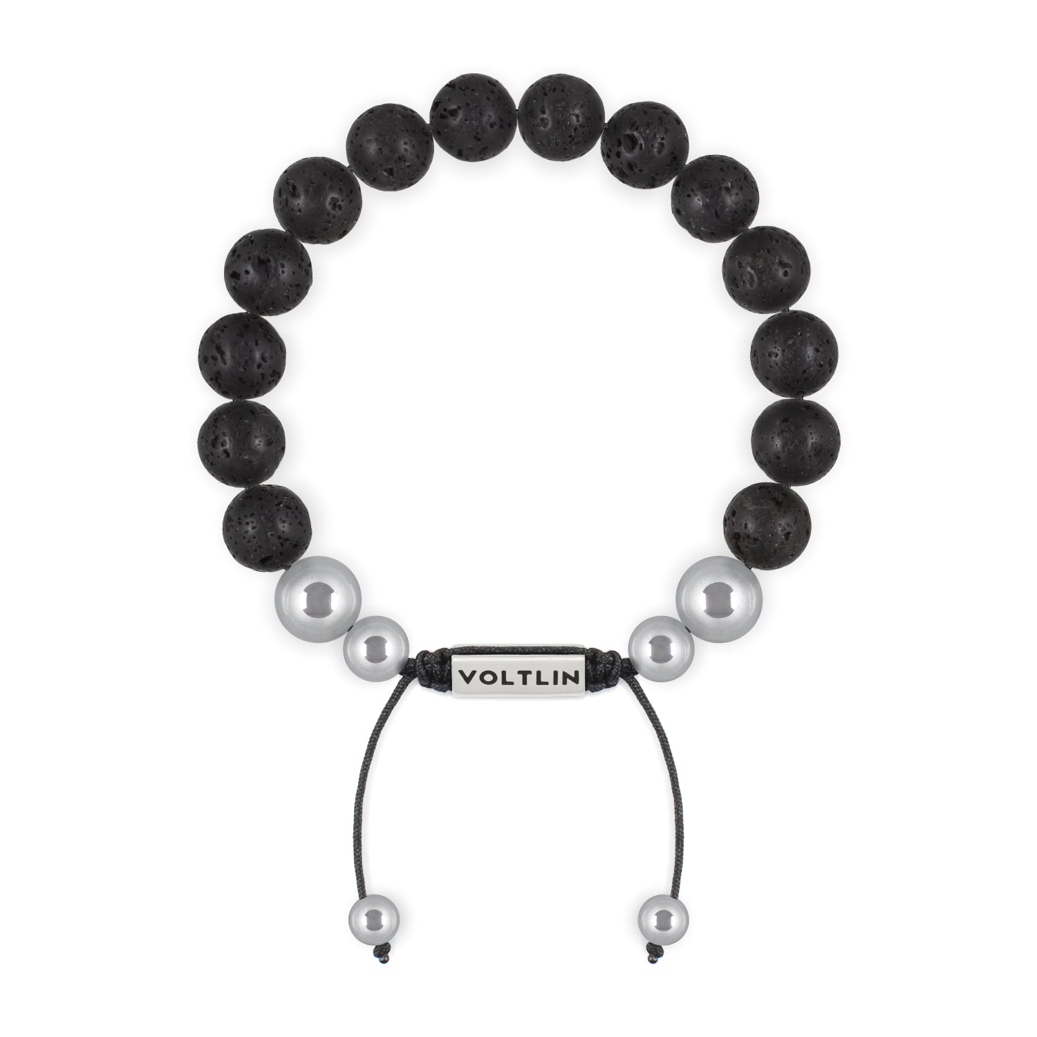 Top view of a 10mm Lava Stone beaded shamballa bracelet with silver stainless steel logo bead made by Voltlin