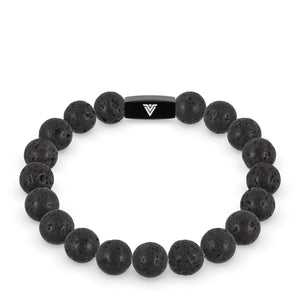 Front view of a 10mm Lava Stone crystal beaded stretch bracelet with black stainless steel logo bead made by Voltlin