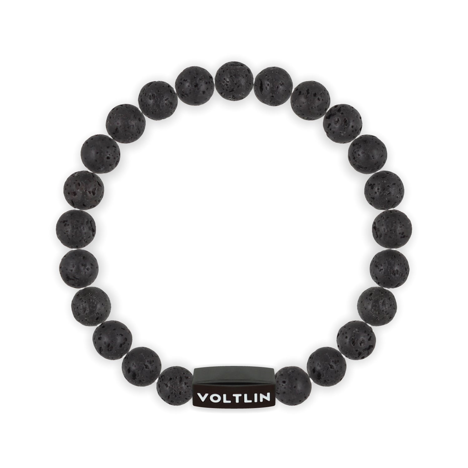 Front view of an 8mm Lava Stone crystal beaded stretch bracelet with black stainless steel logo bead made by Voltlin